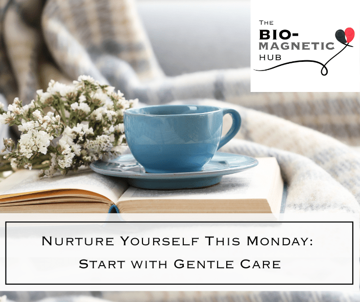 A cozy scene featuring a blue teacup on a saucer, resting on an open book, with flowers and a soft blanket in the background.
